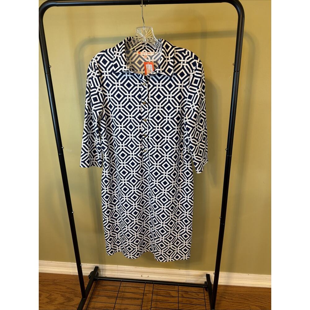 Jude Connally Navy and White Geometric Patterened Shirt Dress Size Large NWT